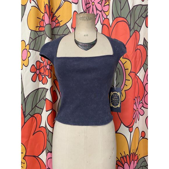 vintage y2k ribbed gray crop top low cut cap sleeve fitted cropped acid wash s - Picture 1 of 7